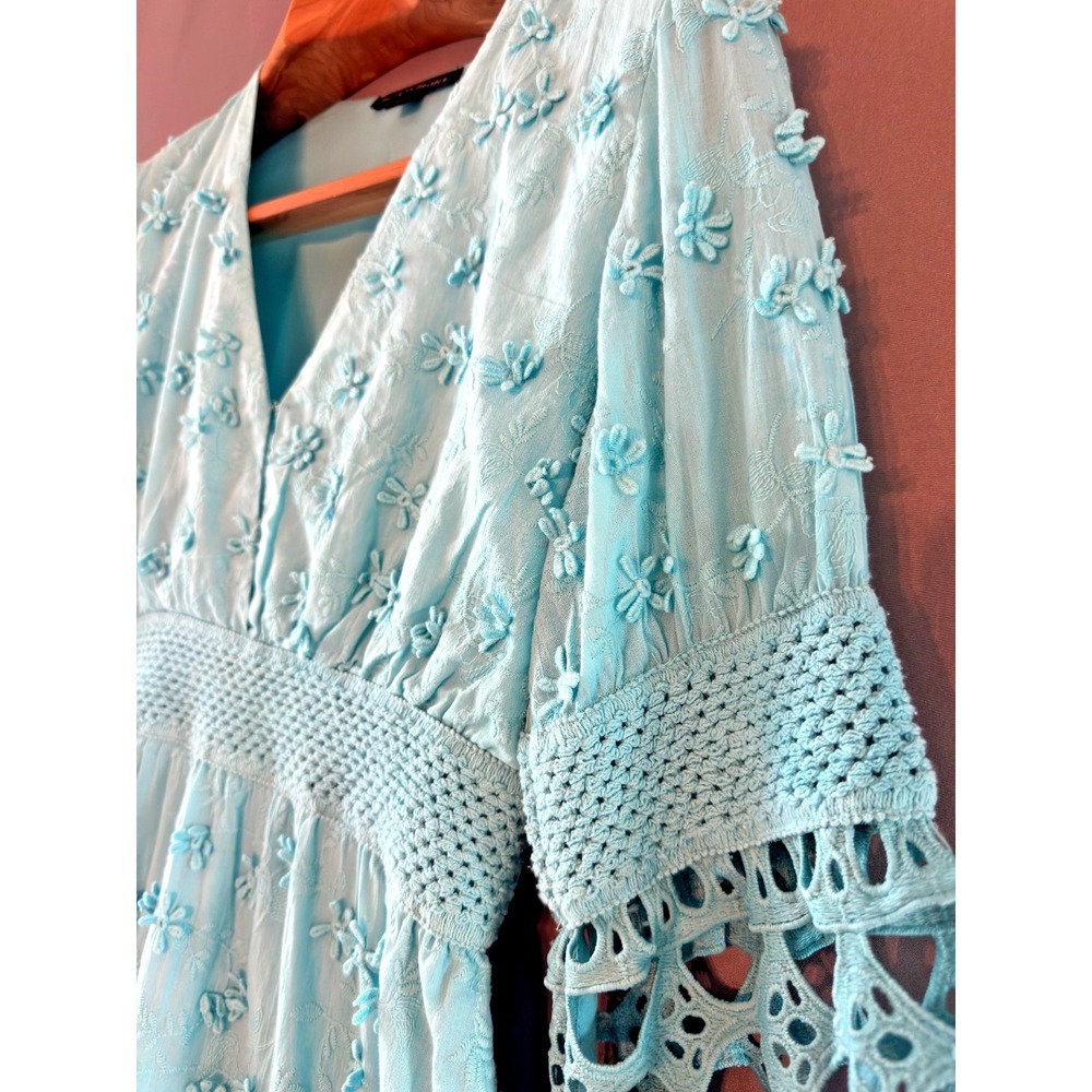 Boston Proper Embroidered Crochet Babydoll Dress XS Blue Boho Bishop Sleeve - Picture 6 of 12